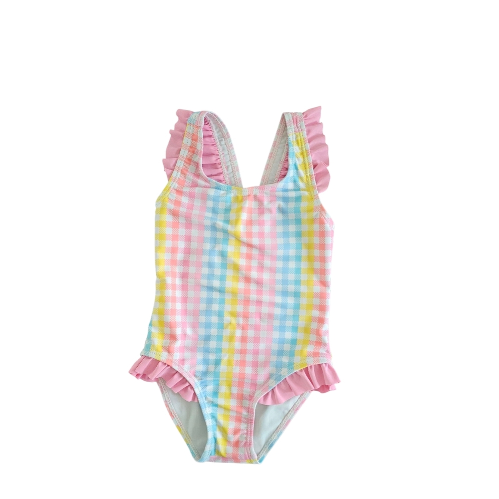 Pink and Blue One Piece Swimsuit with Ruffled Details